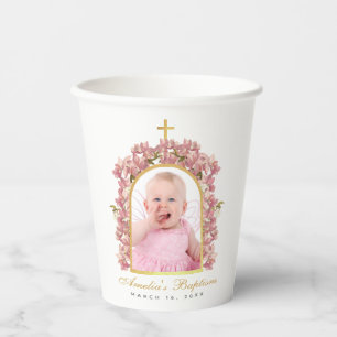 Meisje Doop Foto Gouden Boog Bloemen Roze Orchidee Papieren Bekers