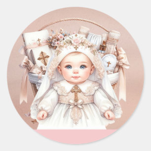 Meisje Doop Roos Gouden Doopmand Ronde Sticker