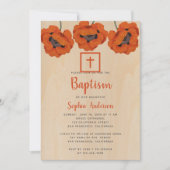 Meisje Doop Rustiek Rode Poppies Bruin Hout Script Kaart (Voorkant)