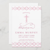 Meisje Doop Uitnodiging - Fancy Roze Kruis Uitnodi (Voorkant / Achterkant)