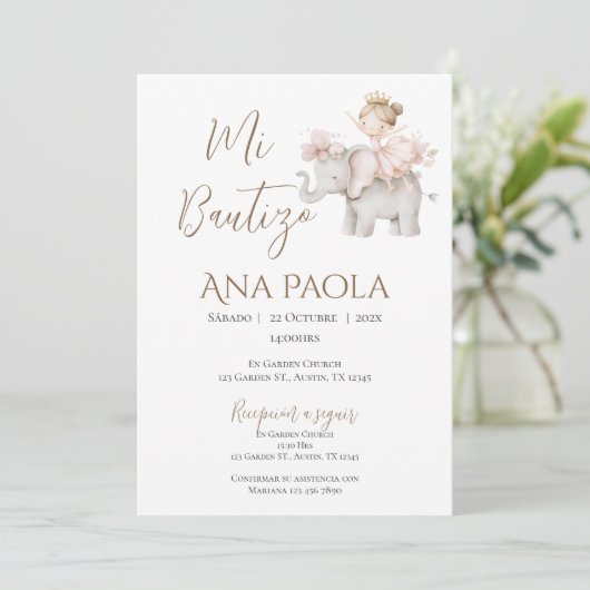 Meisje Doop Uitnodiging in het Spaans Boho (Staand voorkant)