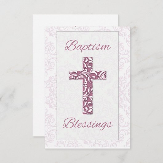 Meisje Dop Zegeningen Roze Kruis Damast Swirls Bedankkaart (Voorkant / Achterkant)