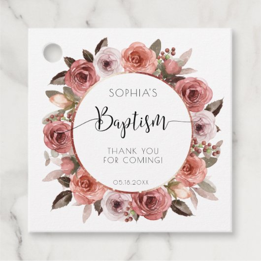 Meisje Dopen Roos Goud, Blush Floral Dank u Bedankjes Labels (Voorkant)