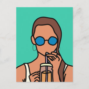 Meisje drink bubbelthee moderne tijd briefkaart