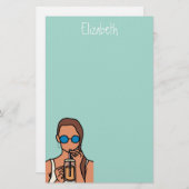 Meisje drink bubbelthee moderne tijd briefpapier (Voorkant / Achterkant)