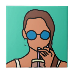 Meisje drink bubbelthee moderne tijd tegeltje