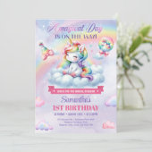 Meisje Eenhoorn op een wolk en Regenboog 1e Verjaa Kaart (Staand voorkant)