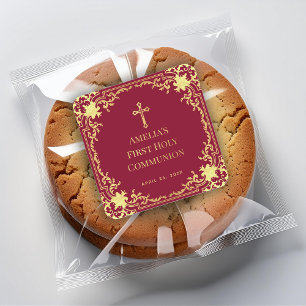 Meisje Eerste Communie Elegeant Burgundy & Nepgoud Vierkante Sticker
