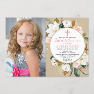 Meisje eerste communie foto uitnodiging rustiek