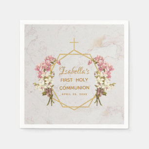 Meisje Eerste Communie Marmer Gouden Kruis Roze Or Servet