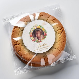 Meisje Eerste Communie Marmeren Foto in Rozenkrans Ronde Sticker