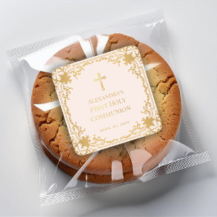 Meisje Eerste Communie Roze Faux Gold Vierkante Sticker