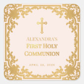 Meisje Eerste Communie Roze Faux Gold   Vierkante Sticker (Voorkant)