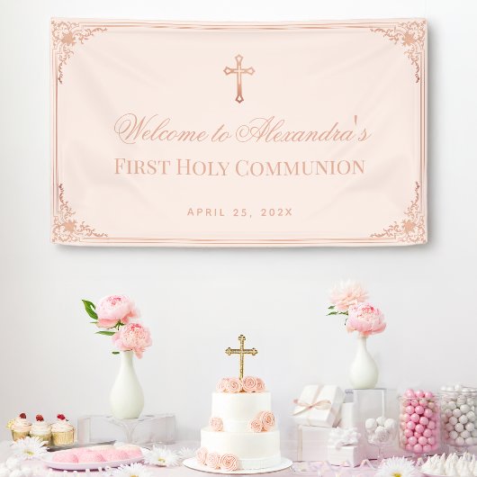 Meisje Eerste Communie Roze Rose Gold Cross Spandoek
