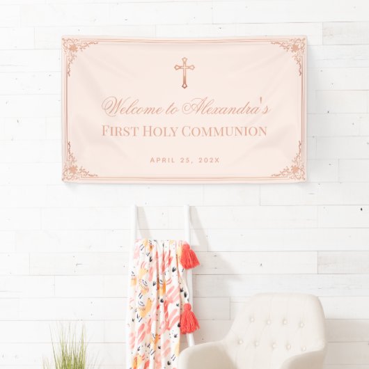 Meisje Eerste Communie Roze Rose Gold Cross Spandoek (Insitu)