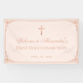 Meisje Eerste Communie Roze Rose Gold Cross Spandoek (Horizontaal)