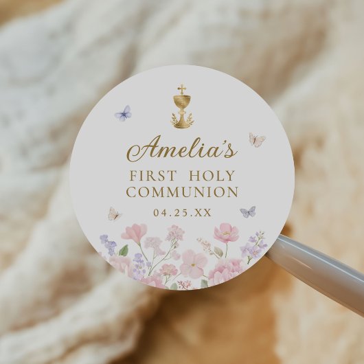 Meisje Eerste Heilige Communie Pastel Bloemen Ronde Sticker