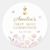 Meisje Eerste Heilige Communie Pastel Bloemen Ronde Sticker (Voorkant)