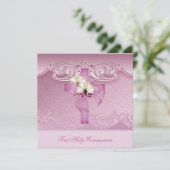 Meisje Eerste Heilige Communie Roze kruis Kaart (Staand voorkant)