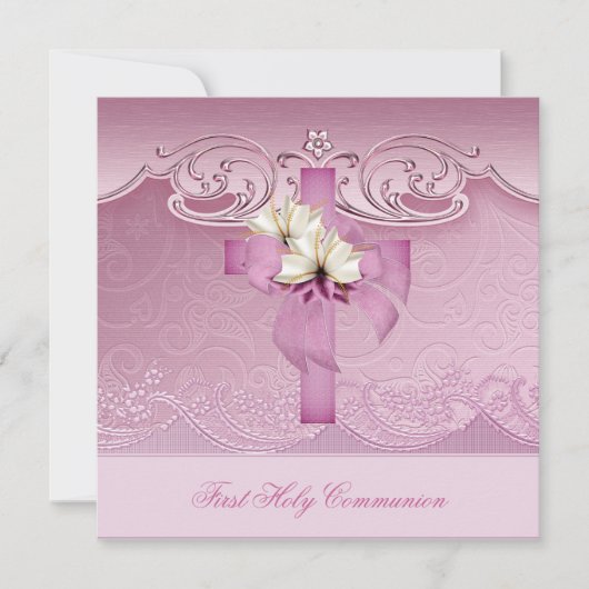 Meisje Eerste Heilige Communie Roze kruis Kaart (Voorkant)