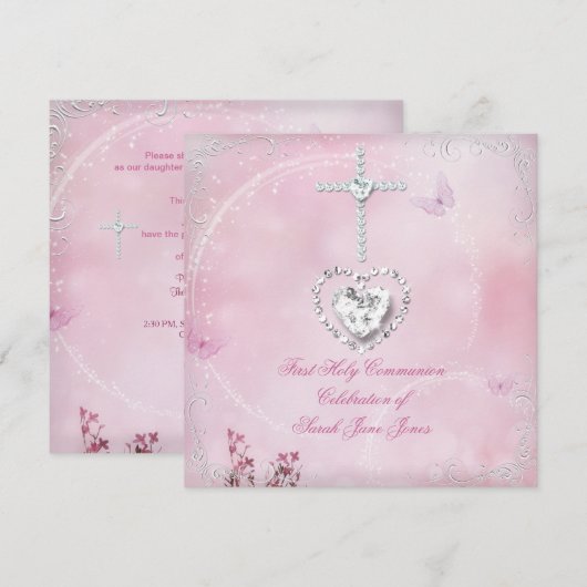 Meisje Eerste Heilige Communie Witte Roze vlinder Kaart (Voorkant / Achterkant)