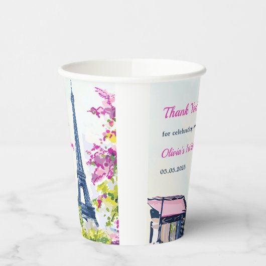 Meisje Eiffeltoren Parijs 1e verjaardag papieren b Papieren Bekers (Links)