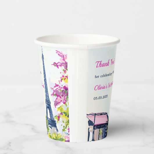 Meisje Eiffeltoren Parijs 1e verjaardag papieren b Papieren Bekers (Rechts)