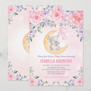 Meisje Elephant Baby shower / Roze Paarse Floral Kaart