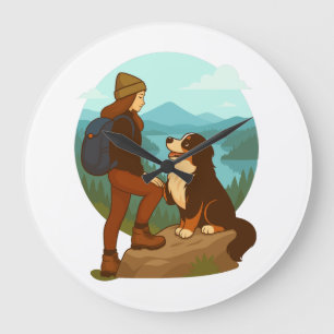 Meisje en berghond avontuur illustratie grote klok