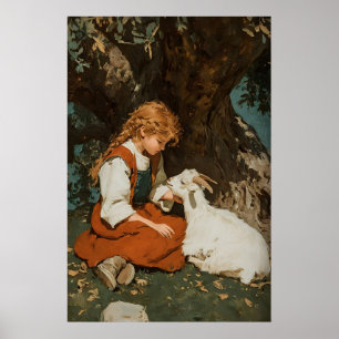 Meisje en geit print, antieke afdrukbare kunst, ru poster