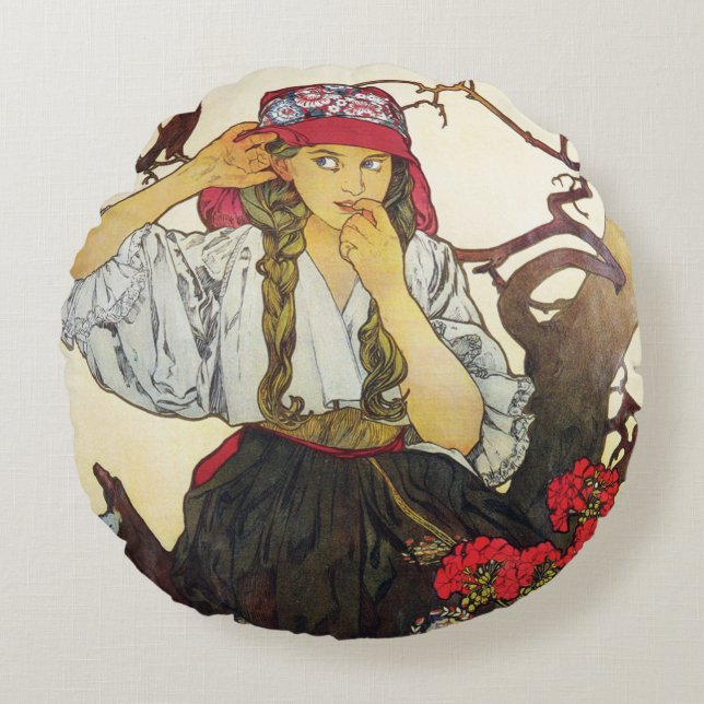 Meisje en Geranium, Alphonse Mucha Sierkussen Rond Kussen (Voorkant)
