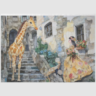 Meisje en Giraffe Waterverf Collage 1 Tissuepapier