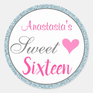 Meisje en Glam Roze Licht Blauw Glitter Sweet Sixt Ronde Sticker