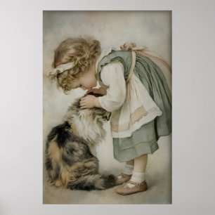 Meisje en kat antieke print, roestig saliegroen poster