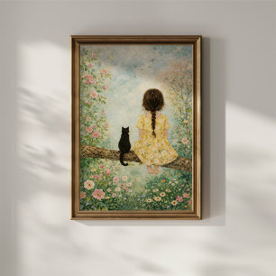 Meisje en kat in de lentetuin poster