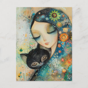 MEISJE EN KAT KUNST LEGPUZZEL BRIEFKAART