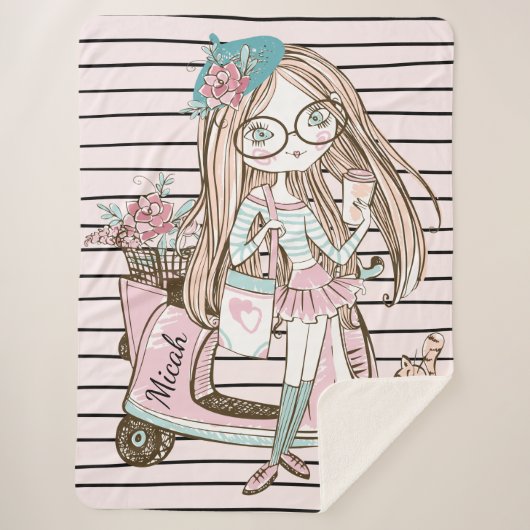 Meisje en kat met scooter Stripes, aangepaste naam Sherpa Deken (Voorkant)