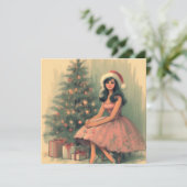Meisje en kerstboom Retro Illustratie Feestdagenkaart (Staand voorkant)