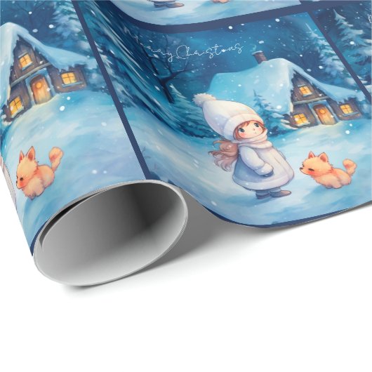 Meisje en kleine vos met Kerstmis Cadeaupapier (Rol Hoek)