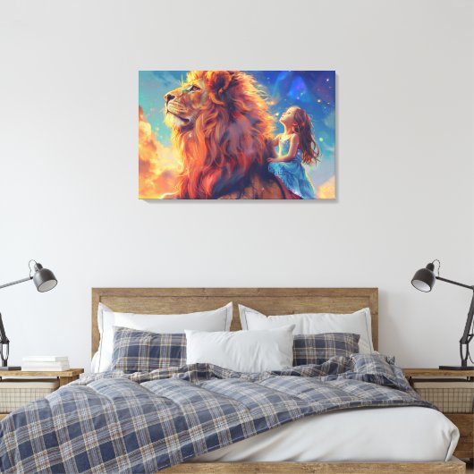 Meisje en Leeuw - Children's Wall Art, Majestic Li Canvas Afdruk (Insitu (Slaapkamer))