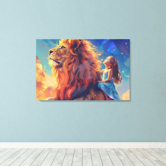 Meisje en Leeuw - Children's Wall Art, Majestic Li Canvas Afdruk (Insitu (Houten vloer))