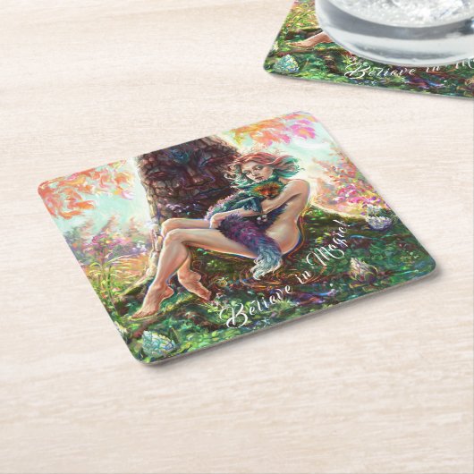 Meisje en Magicfox fantasy weide kunst monogram Vierkante Kartonnen Onderzetter (Schuin)