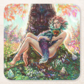 Meisje en Magicfox fantasy weide kunst monogram Vierkante Kartonnen Onderzetter (Voorkant)