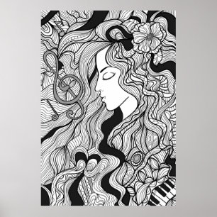 Meisje en muziek. illustratie. Zwarte buitenlijn Poster
