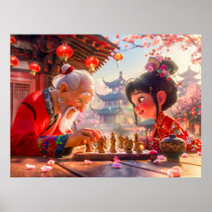 Meisje en opa spelen modern schaken poster
