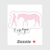 Meisje en Paard Roze Aangepaste Naam Sticker (Vel)