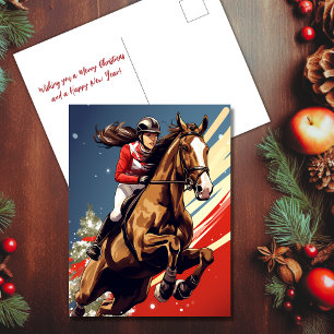 Meisje en Paard Springen Paardensport Kerstmis Feestdagenkaart