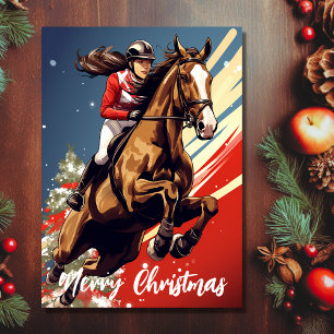 Meisje en Paard Springen Vrolijk Kerstfeest Feestdagen Kaart
