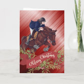 Meisje en paard springen vrolijk kerstfeest rood feestdagen kaart (Achterkant)