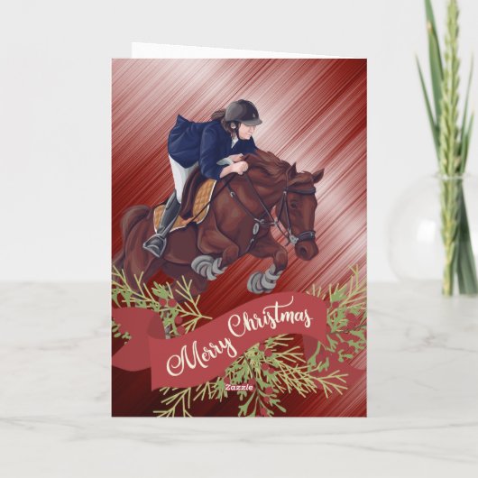 Meisje en paard springen vrolijk kerstfeest rood feestdagen kaart (Achterkant)